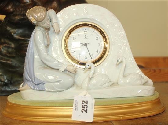 Lladro clock, the case moulded with a girl with swans